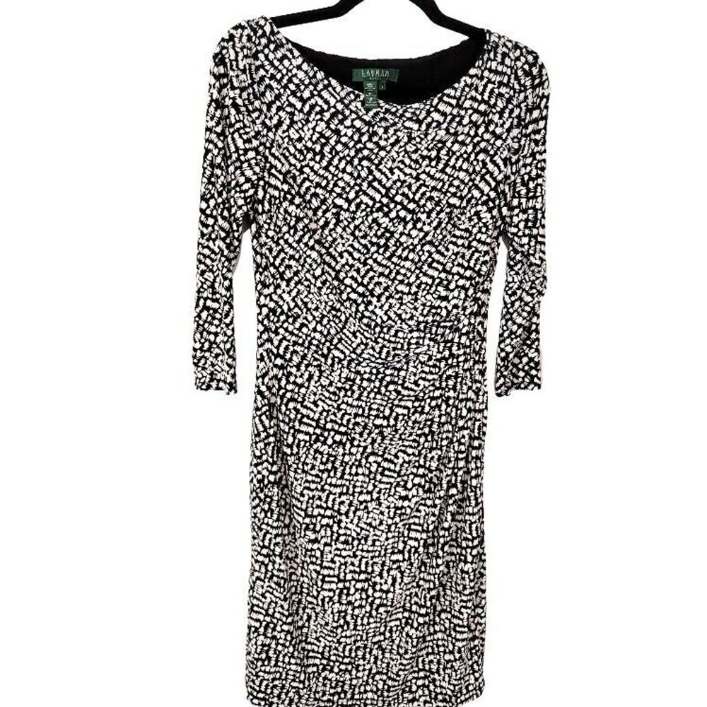 Ralph Lauren Black White Wrap Style Dress Sz‎ 4 Women's Midi-Sleeves Lined